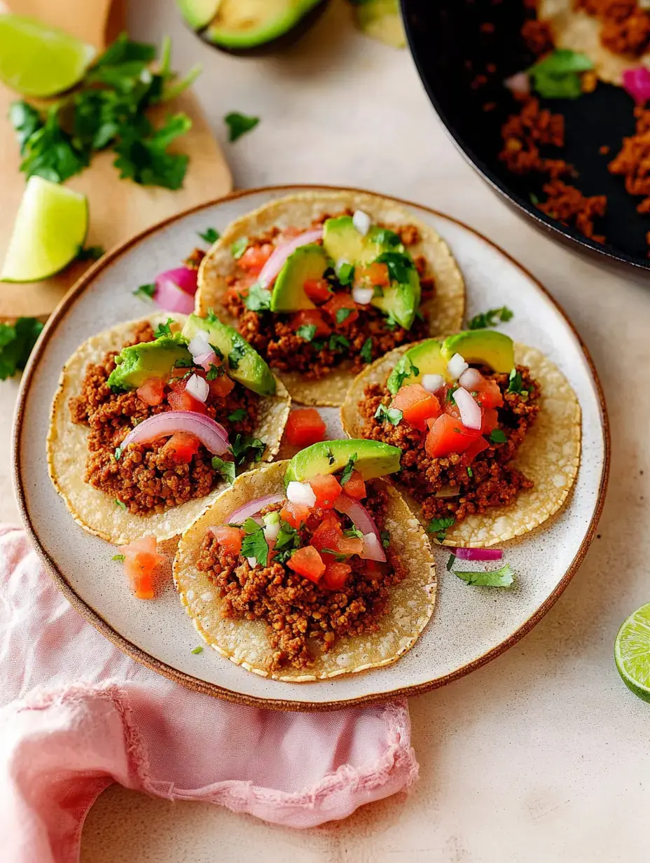 Une assiette avec quatre tacos, farcis de viande épicée, tomates fraîches, avocat, oignons et coriandre, décorés de tranches de citron vert.