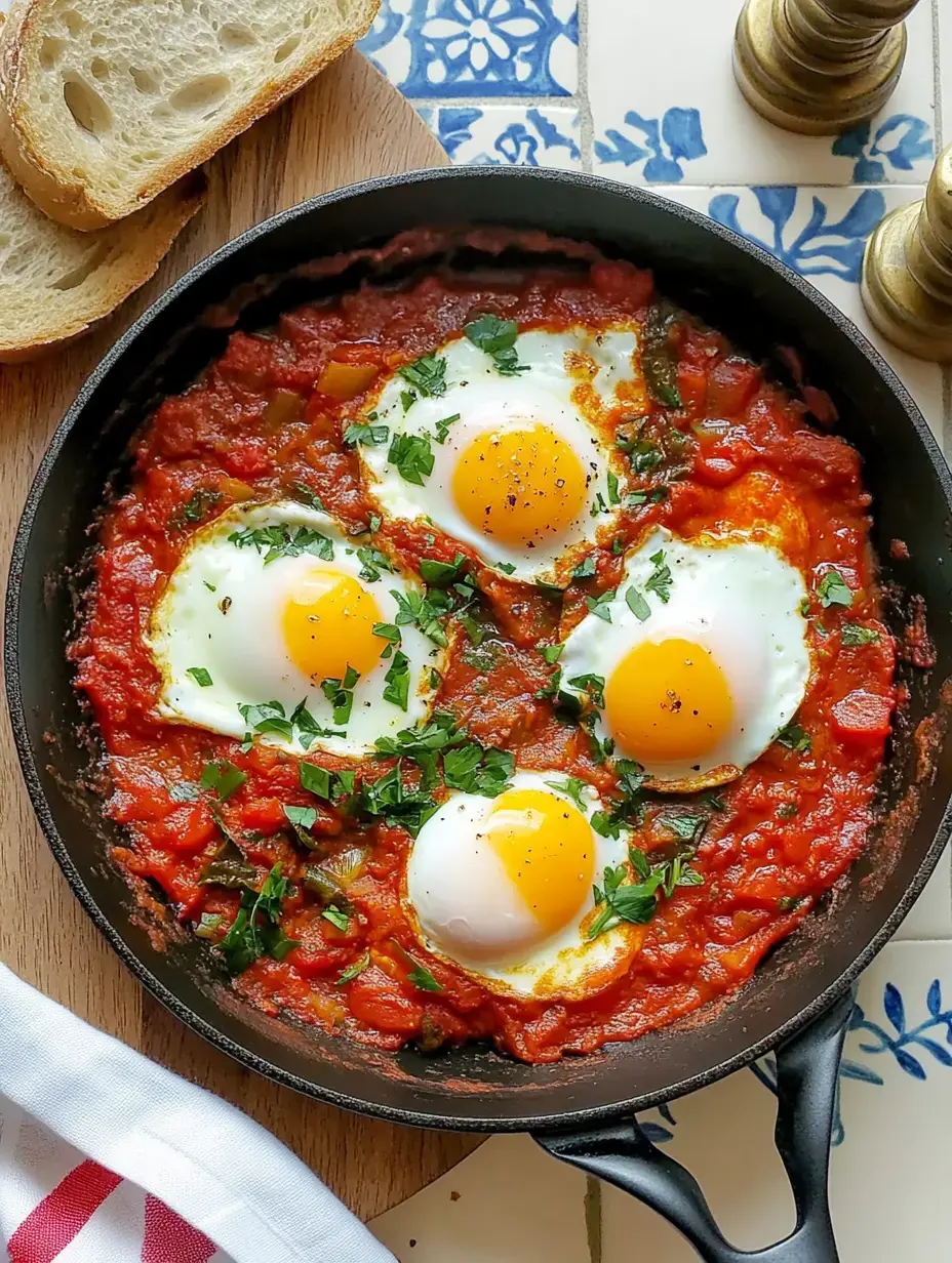 Une poêle avec quatre œufs dans une sauce tomate savoureuse, garnie de persil frais, à côté de deux tranches de pain.