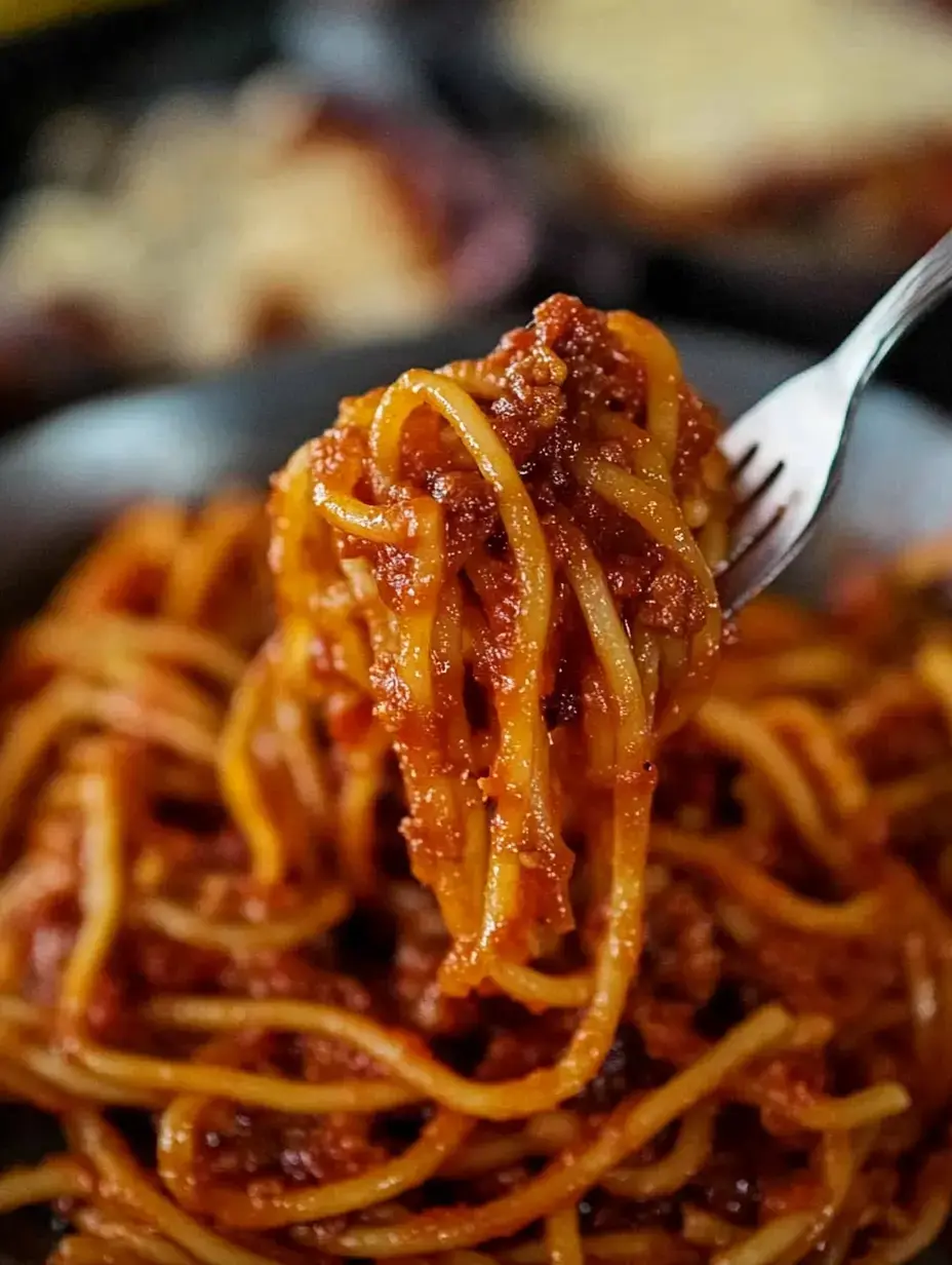 Une fourchette tenant des spaghetti dans une sauce tomate, suspendue au-dessus d'une assiette contenant plus de spaghetti.