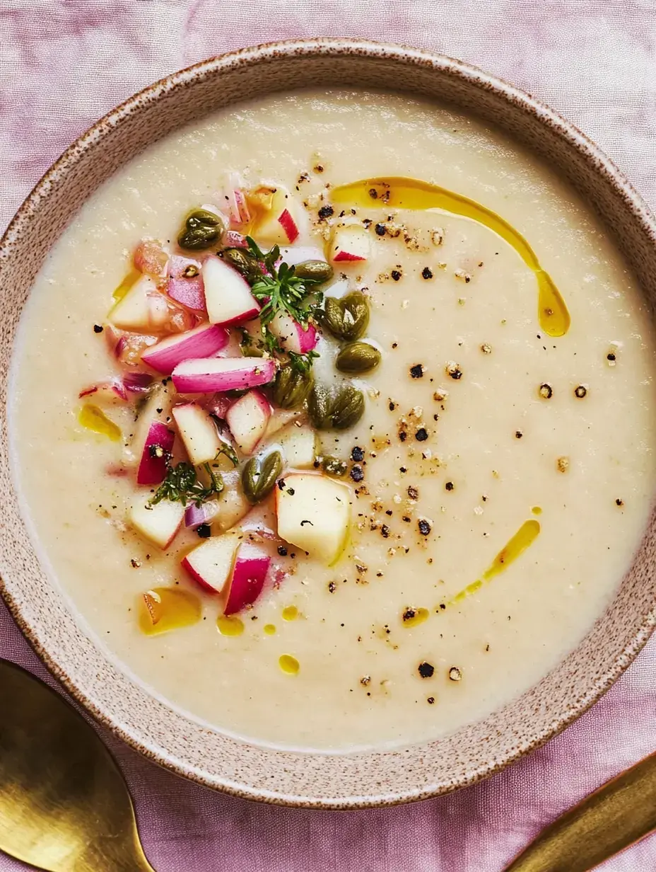 Un bol de soupe crémeuse, garni de pommes en dés, de câpres et d'un filet d'huile d'olive.