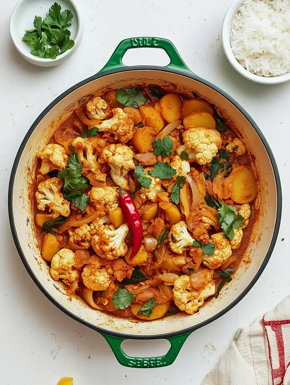 Un ragoût coloré de chou-fleur, pommes de terre, oignons et coriandre fraîche, servi avec un bol de riz.