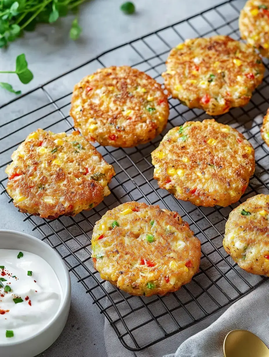 Des galettes croustillantes aux légumes posées sur une grille à pâtisserie à côté d'un bol de sauce crémeuse.