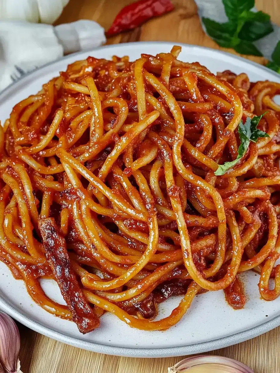 Une assiette de spaghetti glacés dans une sauce rouge, entourés d'ail et de piment.