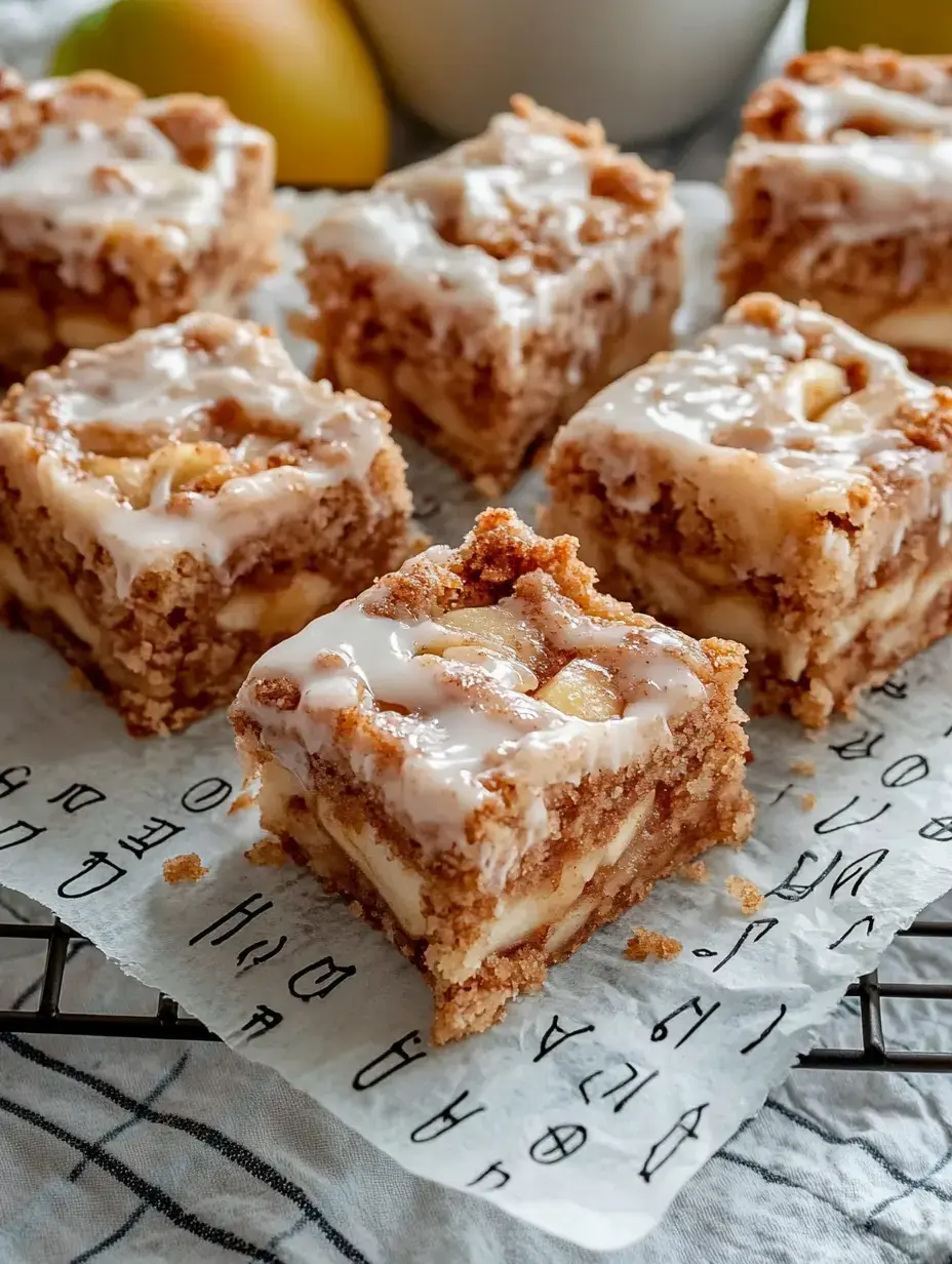 Petits morceaux de gâteau aux pommes glacés sur un papier texturé sous une grille.