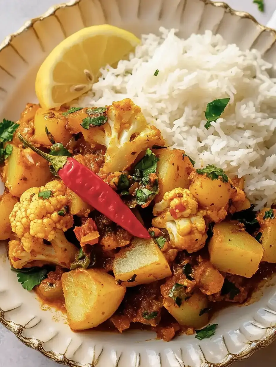 Une assiette avec un mélange de chou-fleur, pommes de terre et riz, garnie d'un morceau de citron et d'un piment rouge.