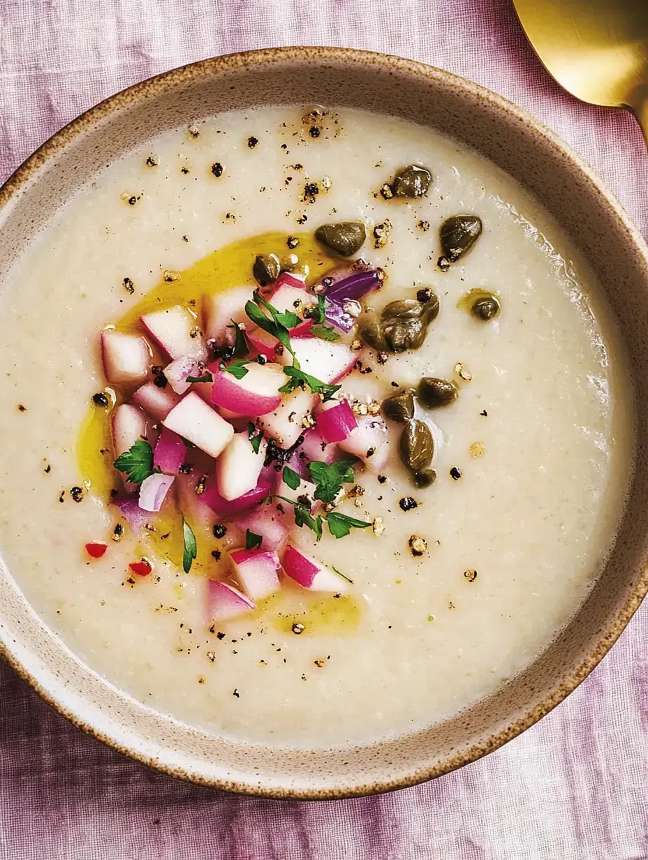 Un bol de soupe crémeuse, garni de pommes en dés, d'herbes et d'huile d'olive, sur une nappe rose.