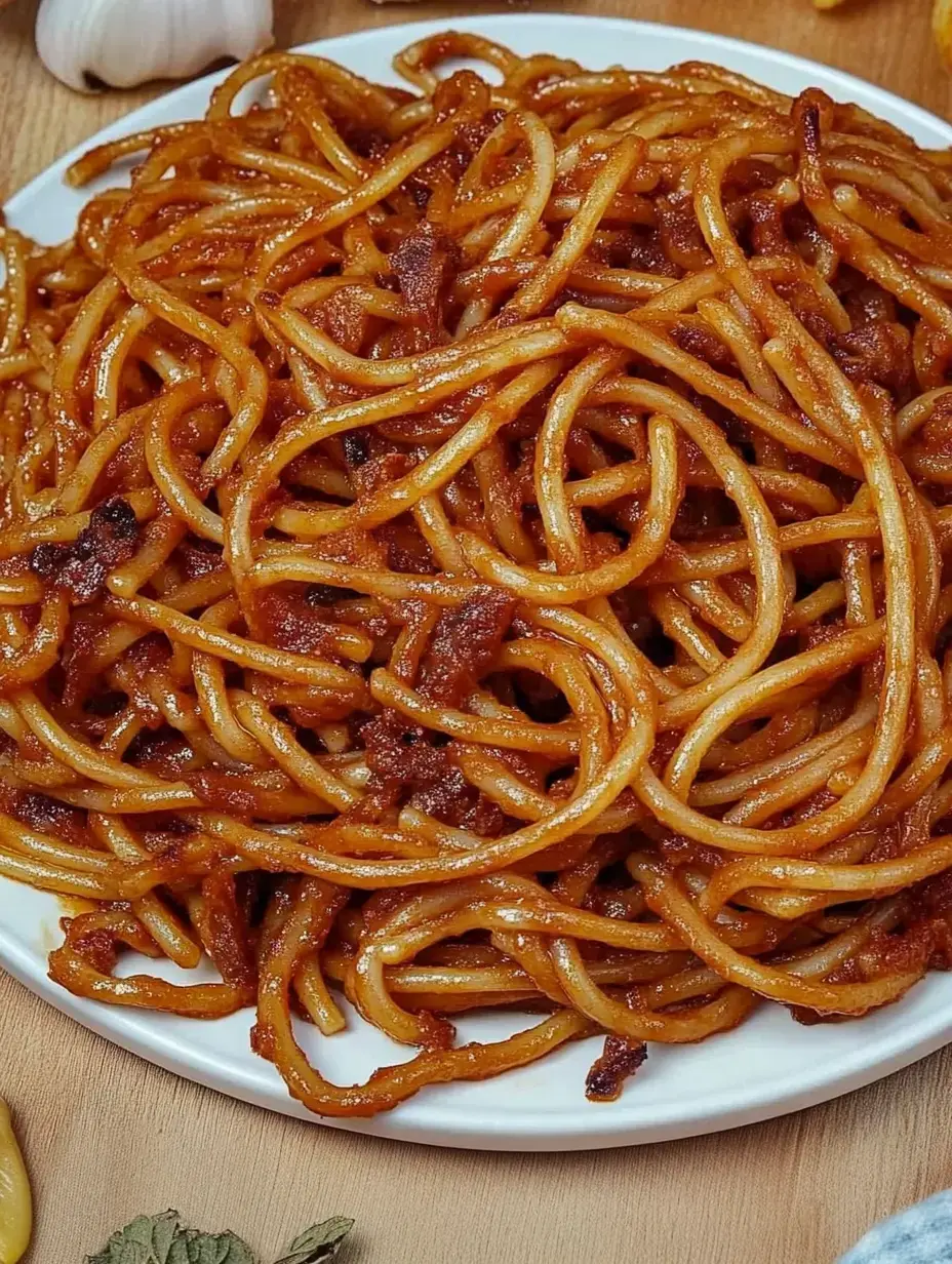 Une assiette de pâtes sautées dans une savoureuse sauce brun foncé, entourées d'ingrédients frais.