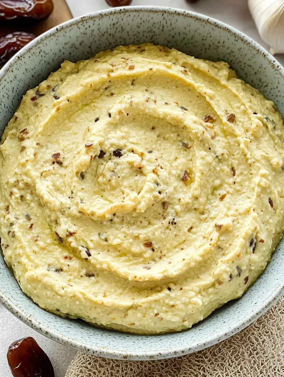 Une coupelle contenant un houmous crémeux, agrémenté de dattes hachées finement.