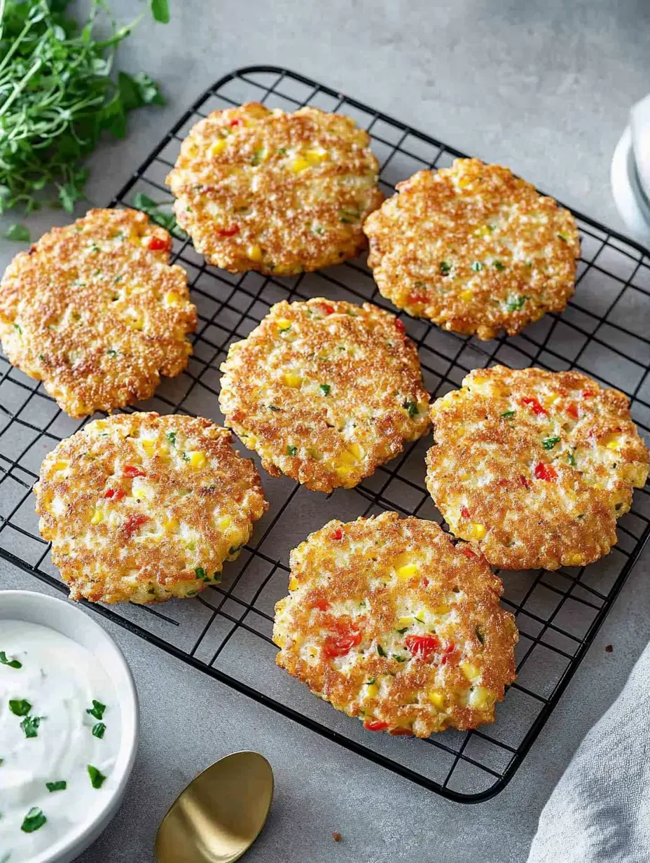 Une grille avec sept galettes aux légumes dorées et un bol de sauce crémeuse en arrière-plan.