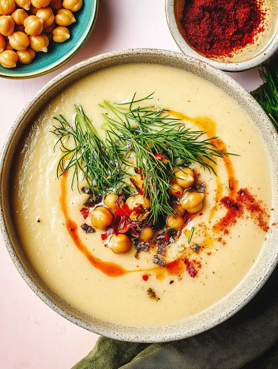 Une soupe crémeuse avec des pois chiches, de l'aneth frais, des épices et un filet de pâte de piment rouge dans un bol.