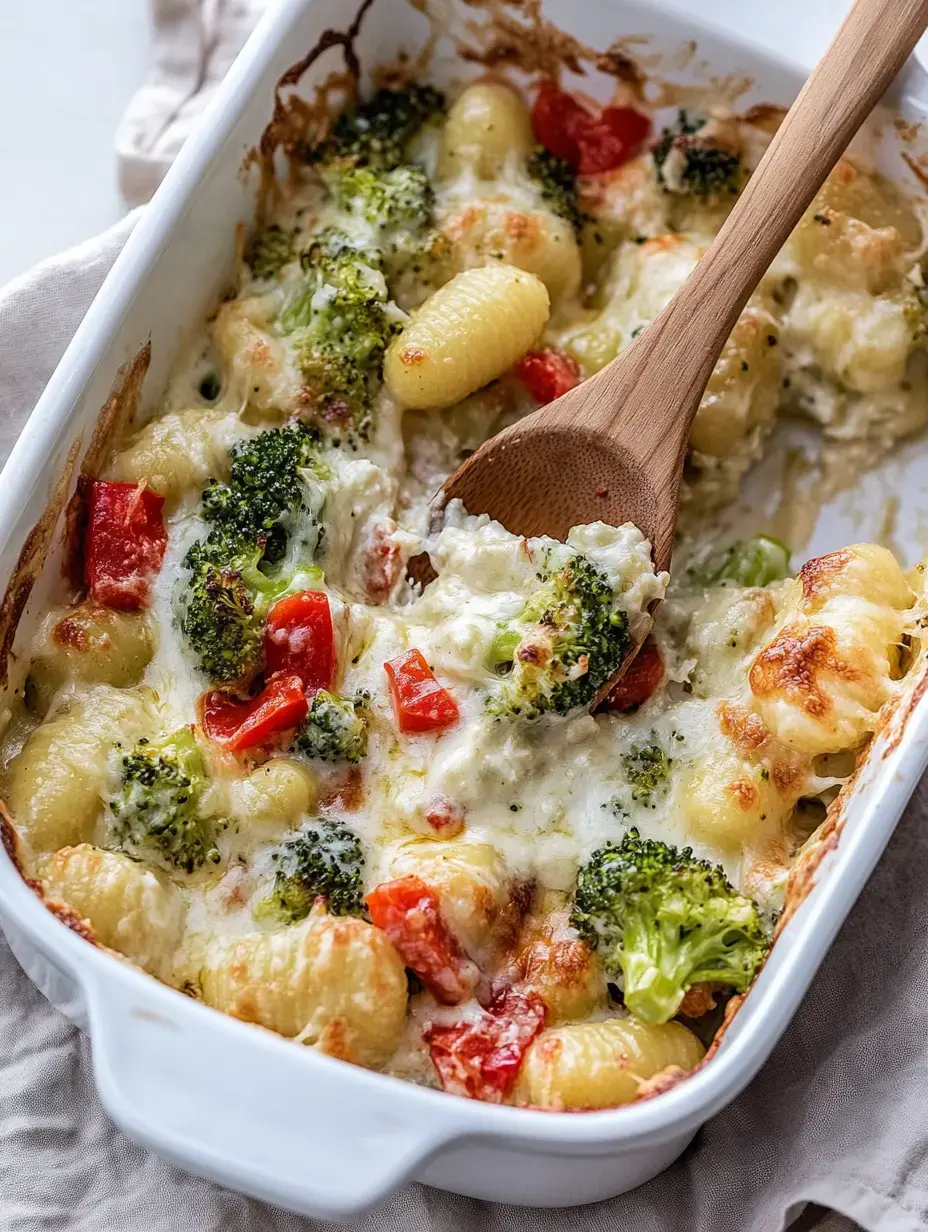 Un gratin de gnocchis, brocoli et poivrons rouges, recouvert de fromage et servi avec une cuillère en bois.