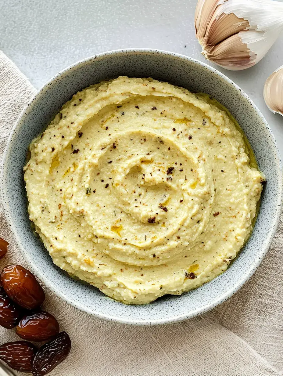 Un bol de houmous crémeux, garni d'huile d'olive et de poivre, avec de l'ail frais et des dattes en arrière-plan.