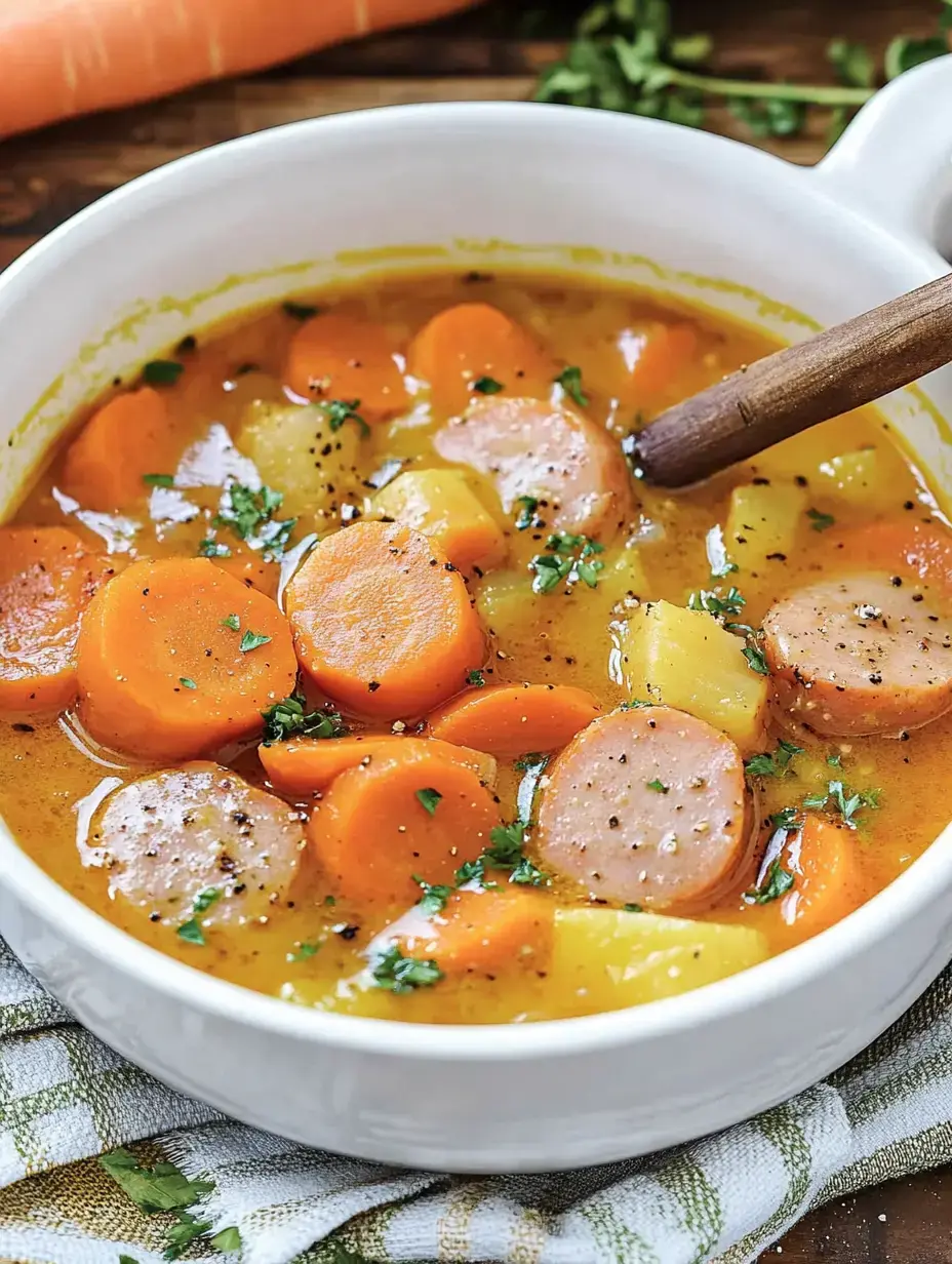 Un bol de soupe aux légumes et saucisses, garni de persil et entouré de carottes.