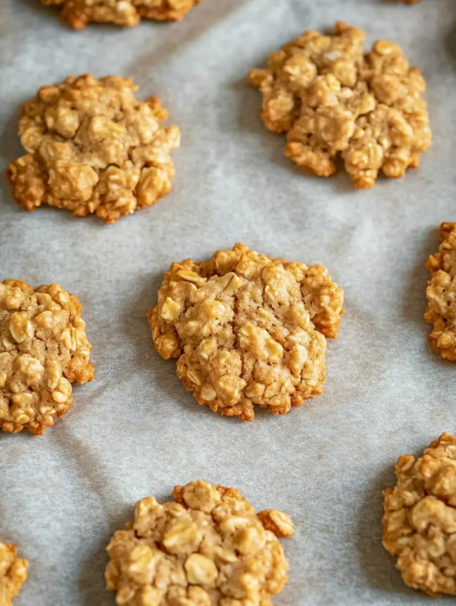 Une variété de biscuits à l'avoine fraîchement cuits sur du papier cuisson.