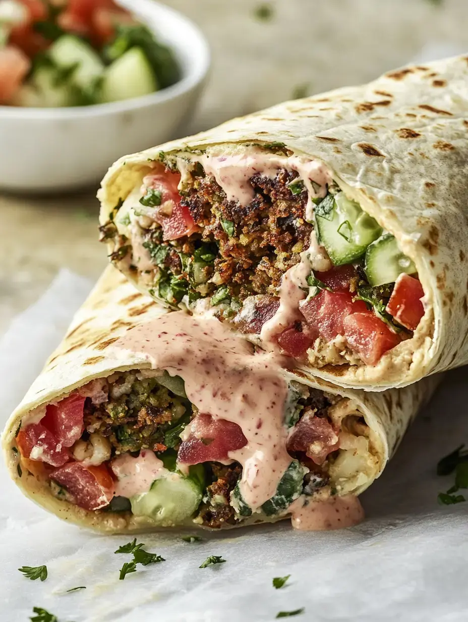 Un wrap garni de légumes, tomates et sauce crémeuse, présenté sur fond blanc.