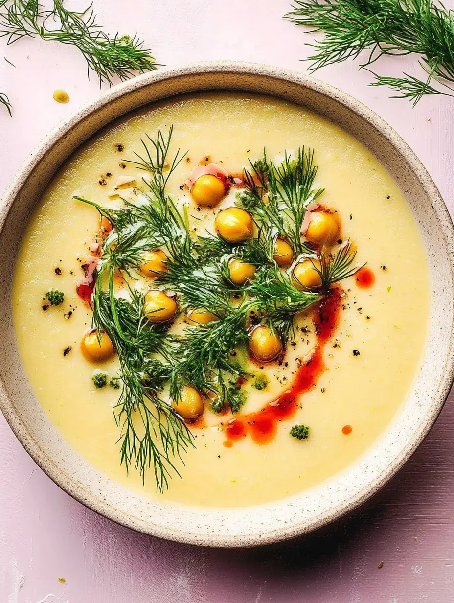 Une soupe crémeuse, garnie d'aneth, de pois chiches et d'une goutte de sauce rouge dans un bol simple.