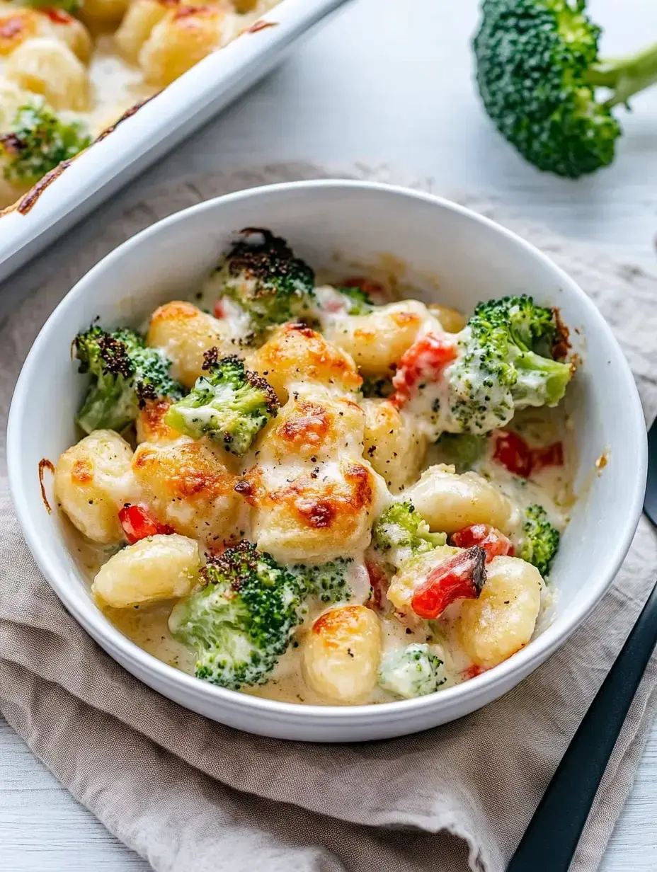 Une assiette de gnocchis gratinés avec brocoli et poivrons rouges dans une sauce crémeuse.