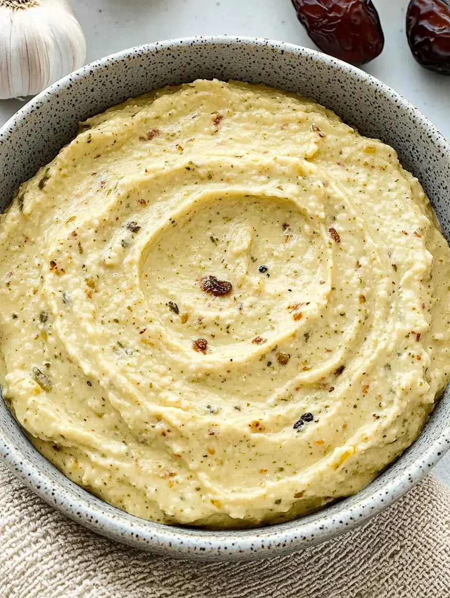 Un bol de crème soyeuse jaunâtre, assaisonnée d'herbes et d'épices, posé sur une table à côté d'une tête d'ail et de dattes.