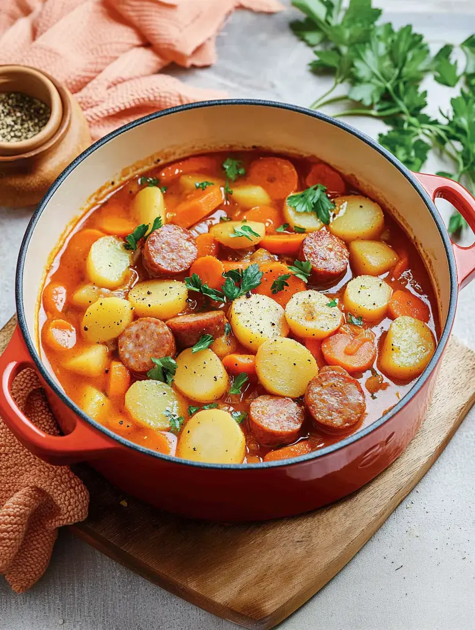 Une marmite rouge contenant un potage de pommes de terre, carottes et saucisses, garni de persil frais.