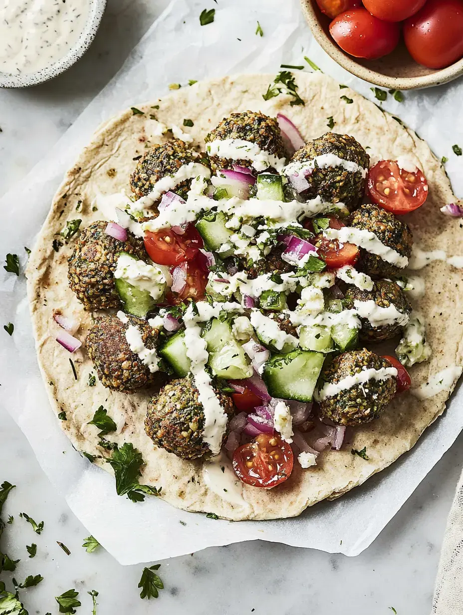 Un pain plat garni de falafels, légumes frais comme tomates et concombres ainsi qu'une sauce au yaourt disposé sur une table.