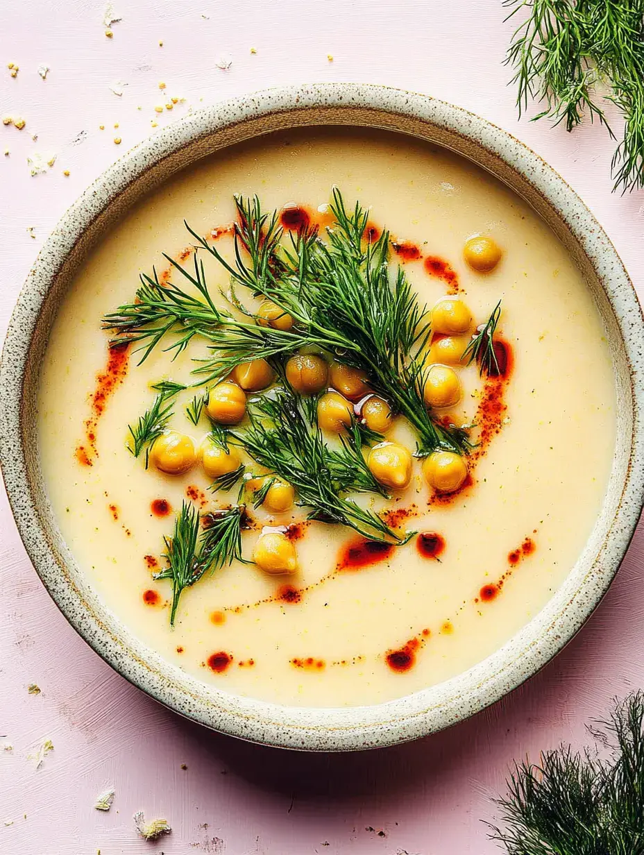 Un bol de soupe crémeuse, garni de pois chiches, d'aneth frais et de gouttes d'huile rouge, sur un fond rose.