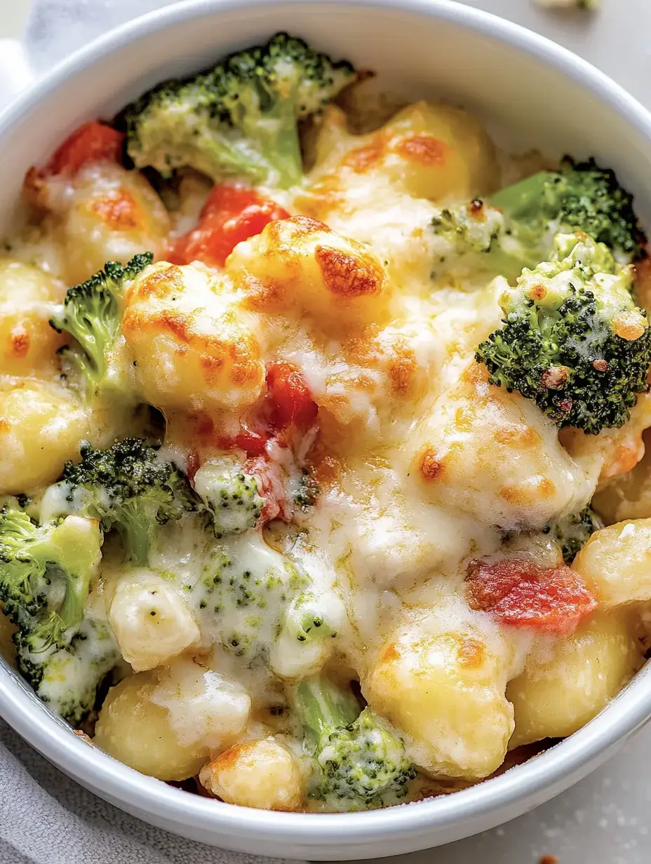 Un gratin de gnocchis, brocoli et fromage fondu dans un plat blanc.