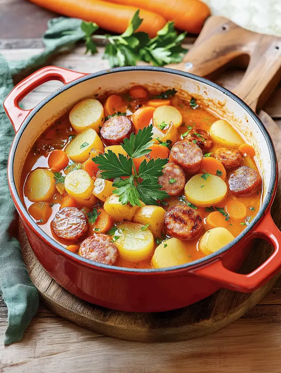 Une marmite rouge avec un potage de pommes de terre et saucisses, garni de persil frais, posée sur une planche en bois.