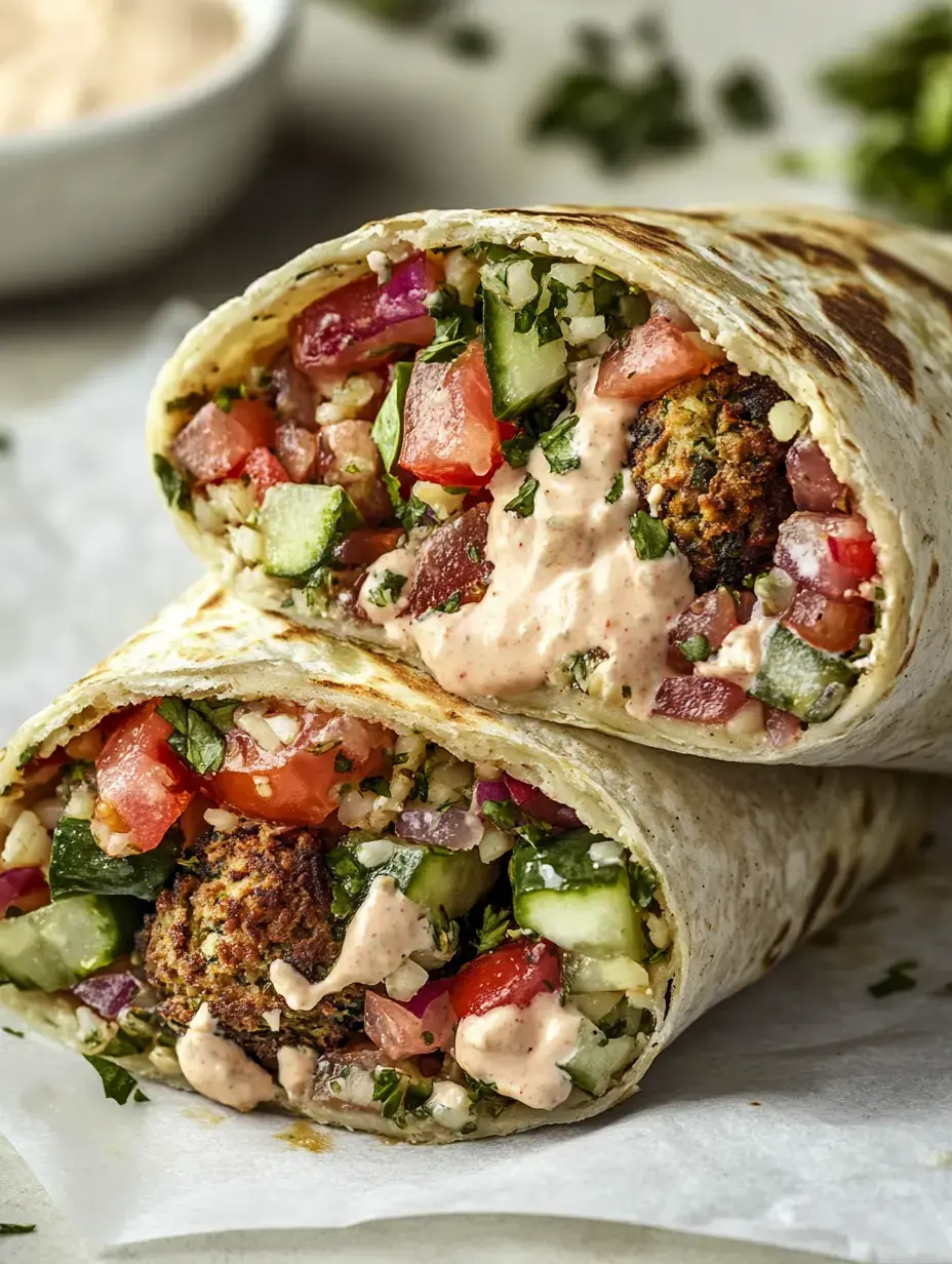 Deux wraps roulés garnis de légumes frais, herbes et sauce crémeuse.