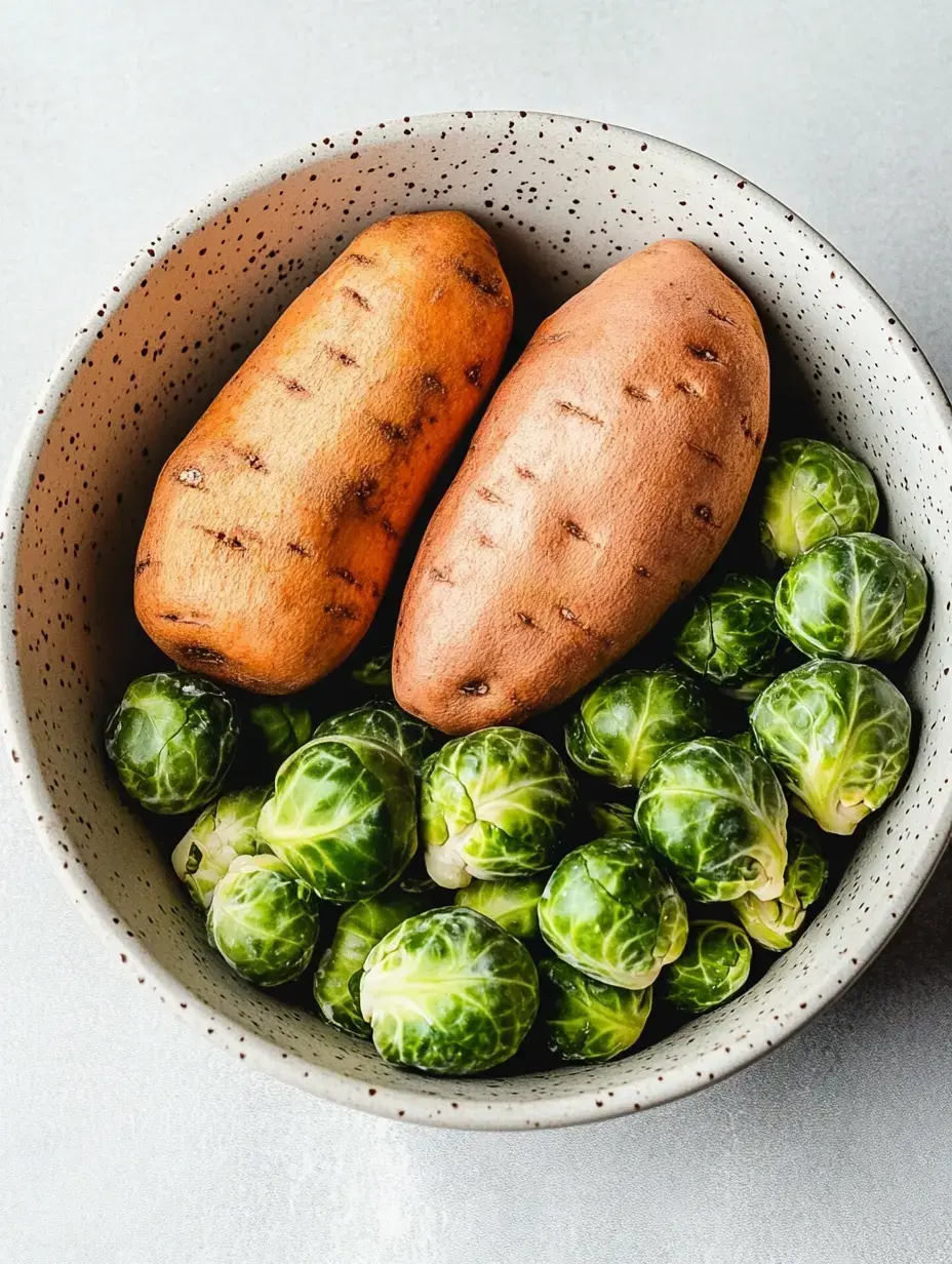 Une Schüssel mit zwei Süßkartoffeln und mehreren grünen Rosenkohl-Röschen.
