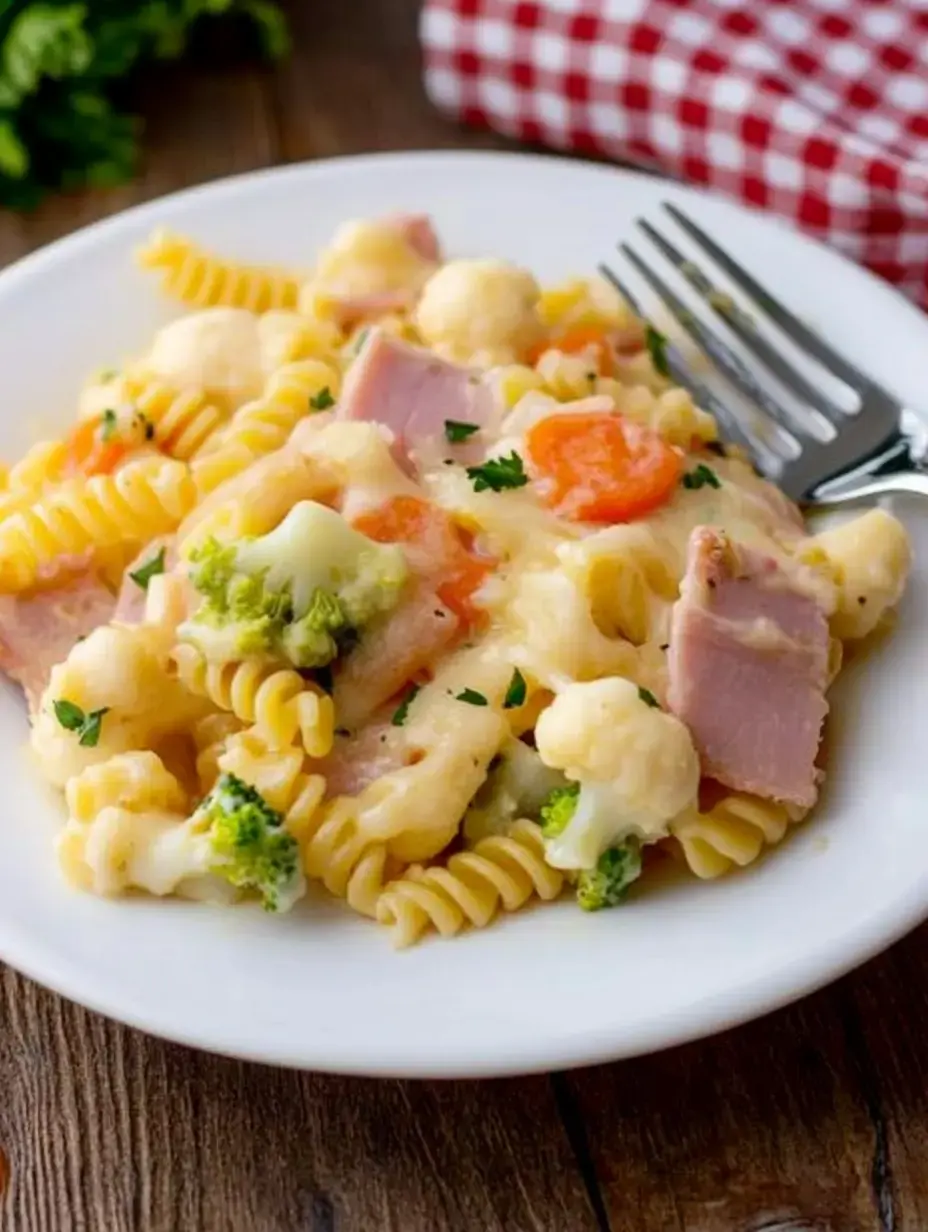 Une assiette avec des pâtes torsadées, du jambon, du brocoli, du chou-fleur et des carottes dans une sauce crémeuse.
