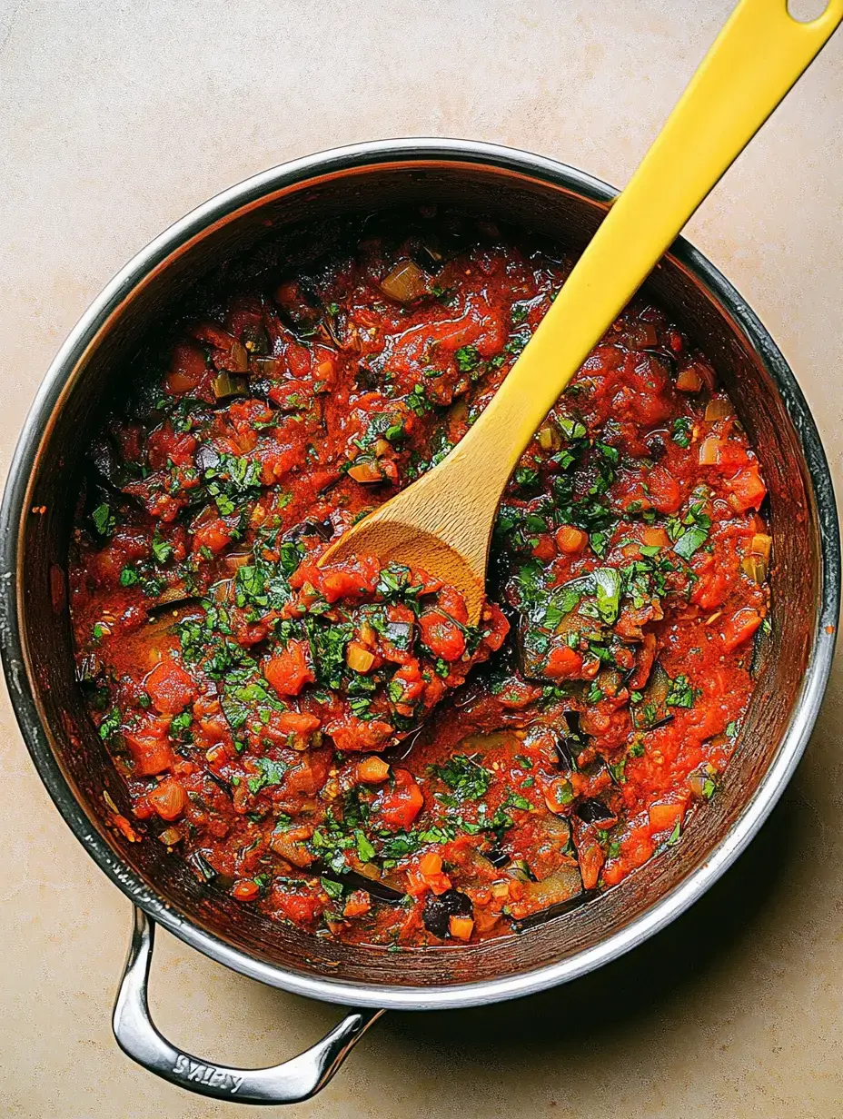 Une marmite de sauce tomate fraîche, enrichie de légumes et d'herbes, posée sur une surface claire.