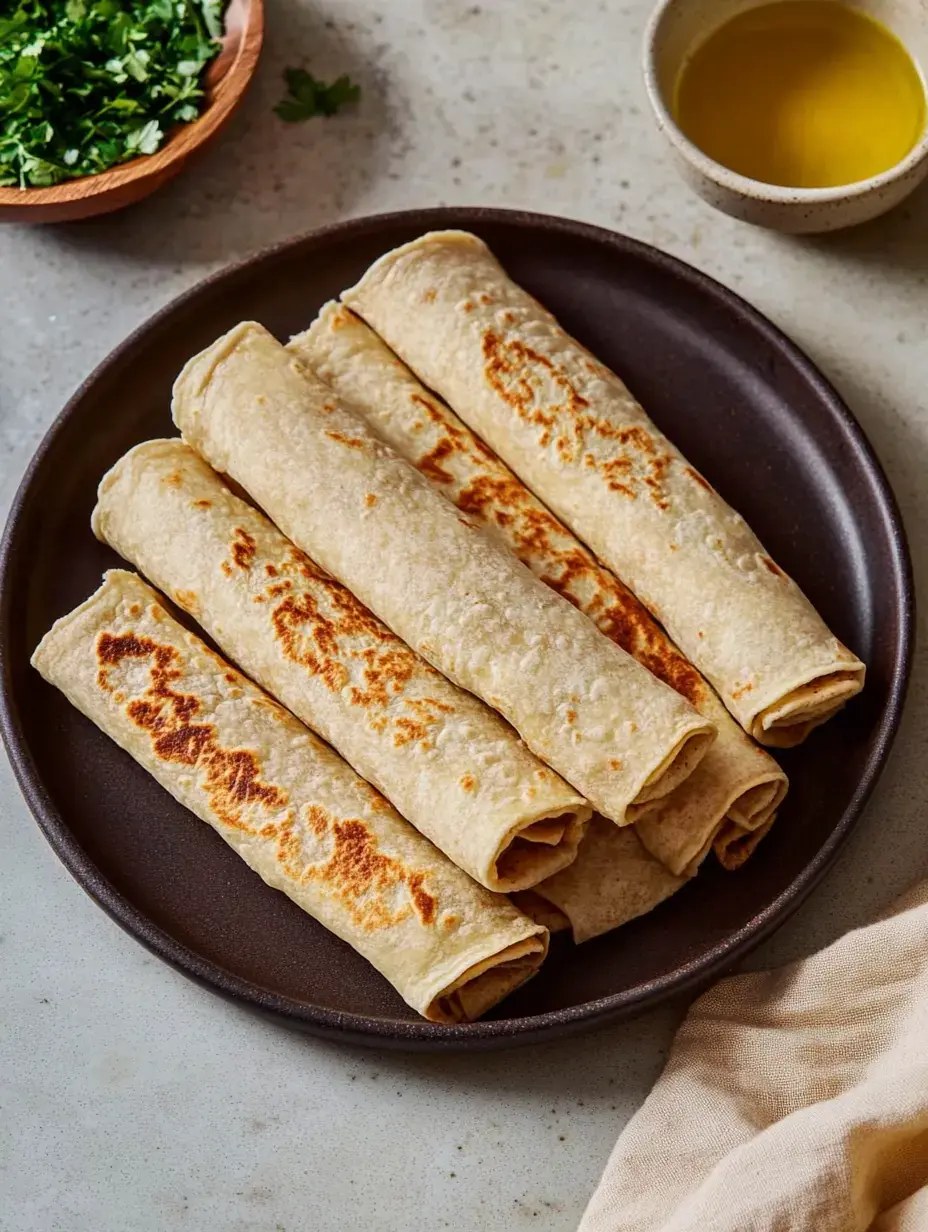 Un plat avec plusieurs tortillas fraîchement préparées, dorées, posé sur une surface neutre, accompagné d'un petit bol d'huile d'olive et d'un bol en bois avec de la coriandre hachée.