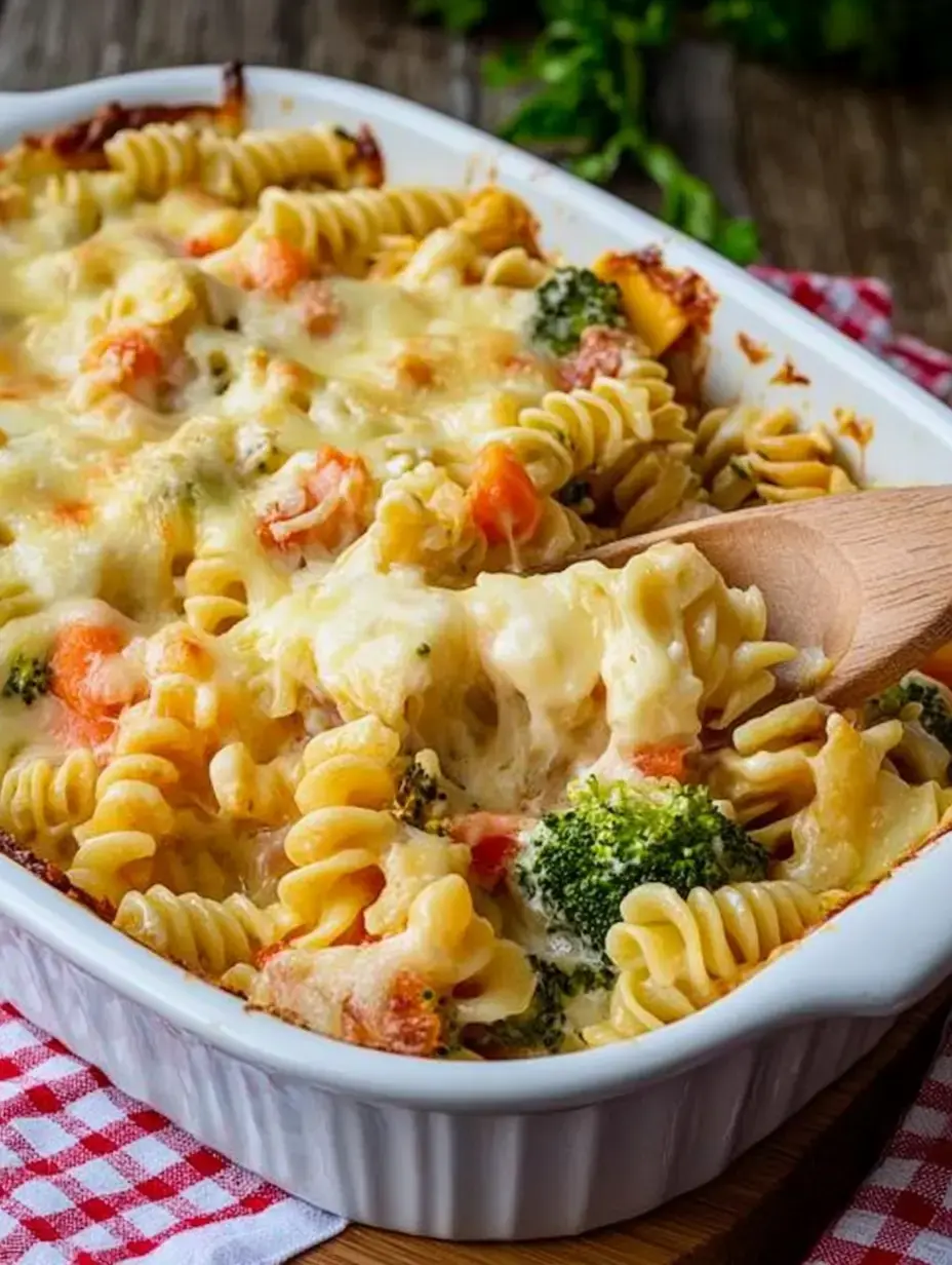 Un gratin avec des pâtes en spirale, du brocoli et du fromage fondu dans un plat blanc.