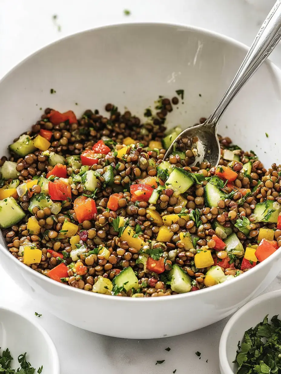 Un bol de salade de lentilles, enrichi de poivrons coupés en dés, concombres et herbes fraîches.