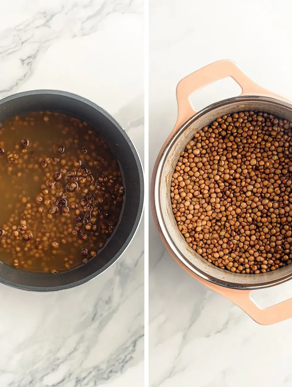 Une casserole avec des lentilles trempées à gauche et une casserole avec des lentilles cuites à droite.