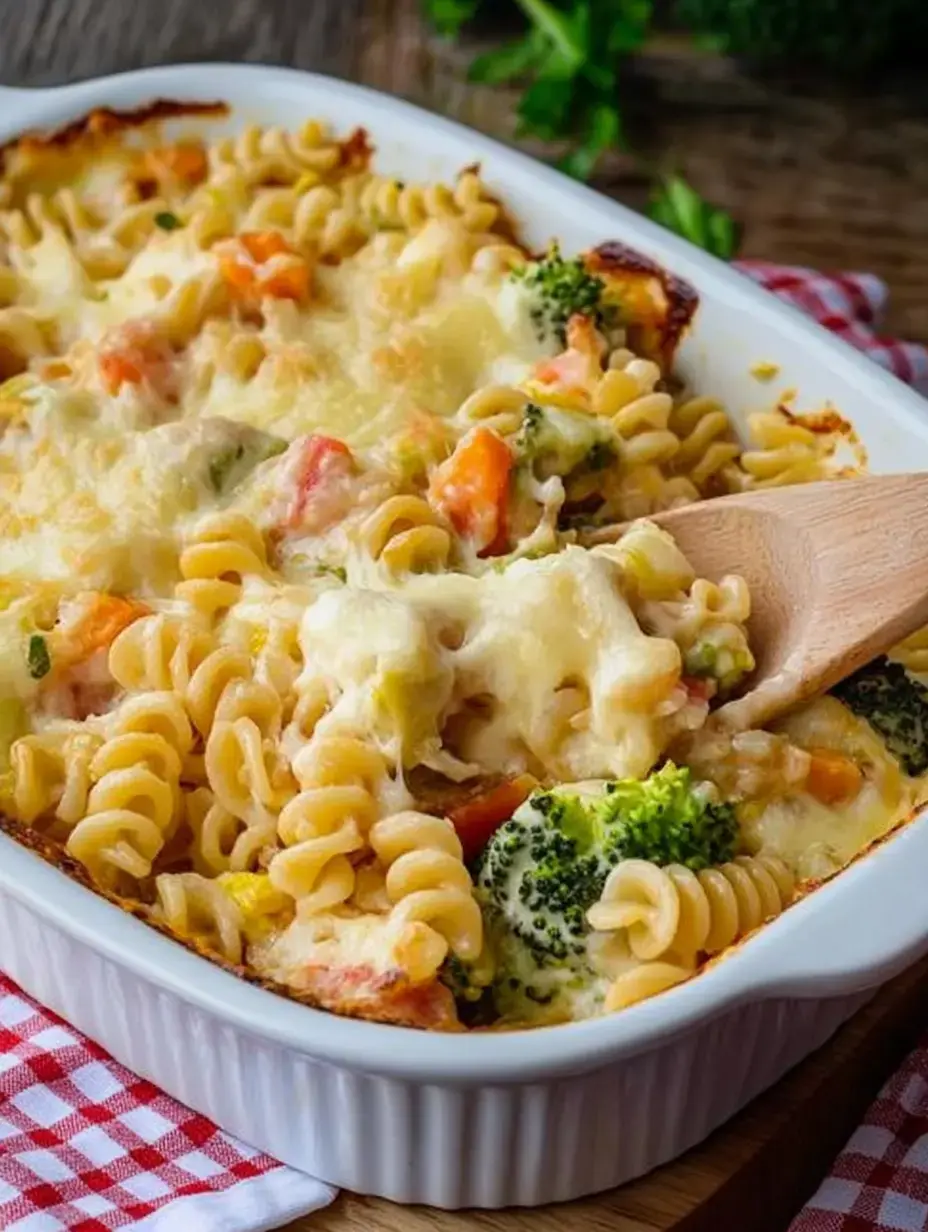 Un gratin de pâtes en spirale, brocoli et autres légumes, recouvert de fromage fondu, servi dans un plat blanc.