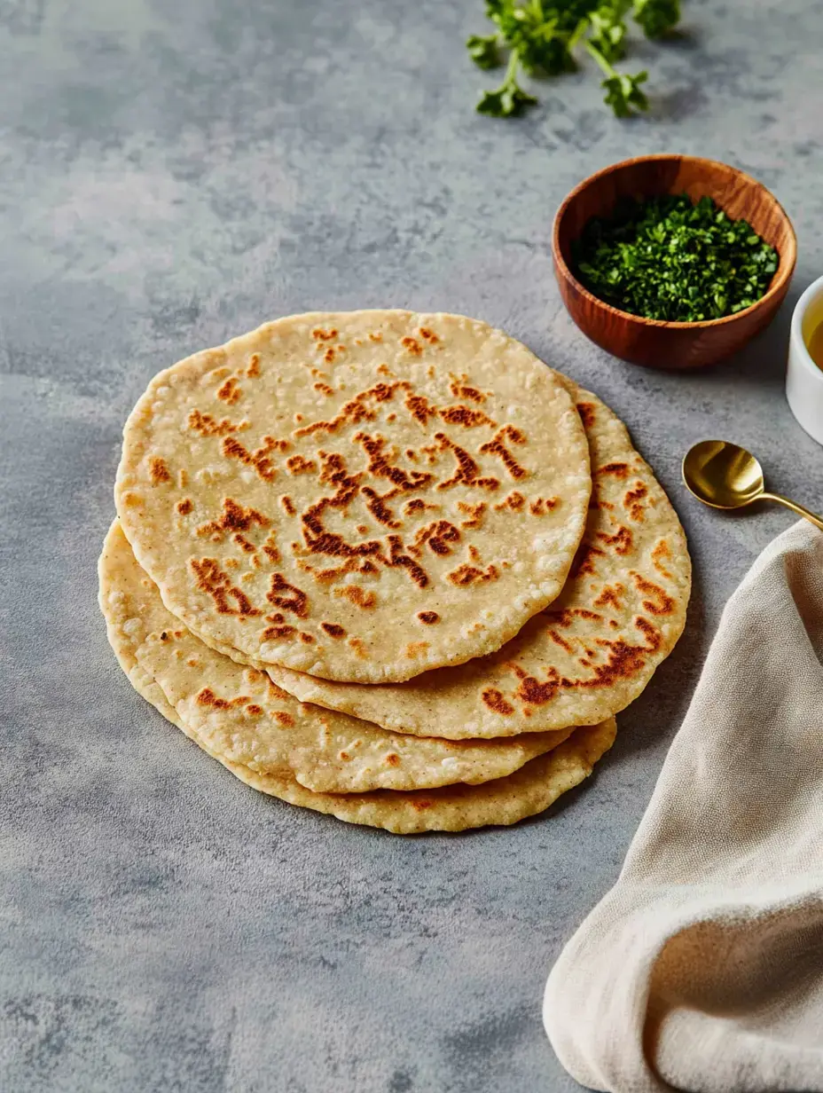 Trois galettes dorées empilées sur une surface grise, avec des herbes fraîches et un bol de ciboulette hachée à côté.