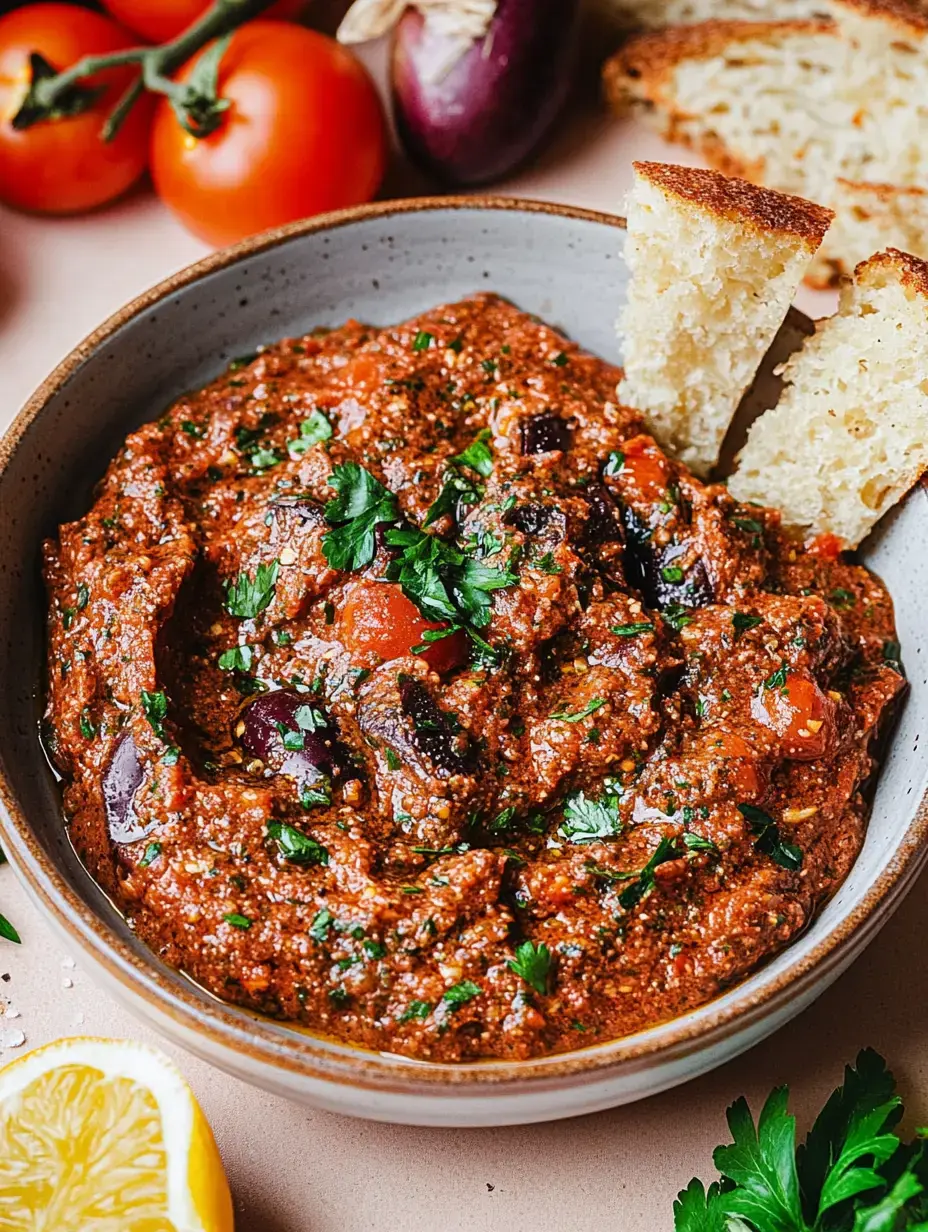 Un bol de sauce traditionnelle aux poivrons et aubergines, garni de persil frais et servi avec du pain grillé, entouré de tomates fraîches et de citron.