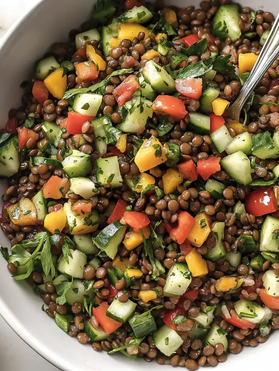 Un bol avec une salade colorée de lentilles, concombres, tomates, poivrons et herbes fraîches.