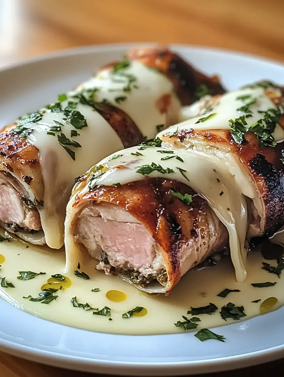 Sur l'assiette se trouvent deux rouleaux de viande farcis, recouverts de fromage fondu et garnis de persil frais et d'une sauce.