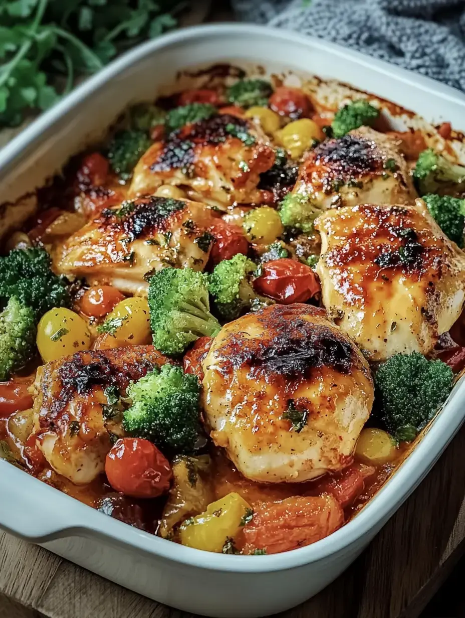 Un gratin avec des morceaux de poulet rôtis, du brocoli et des tomates colorées dans une sauce épicée.