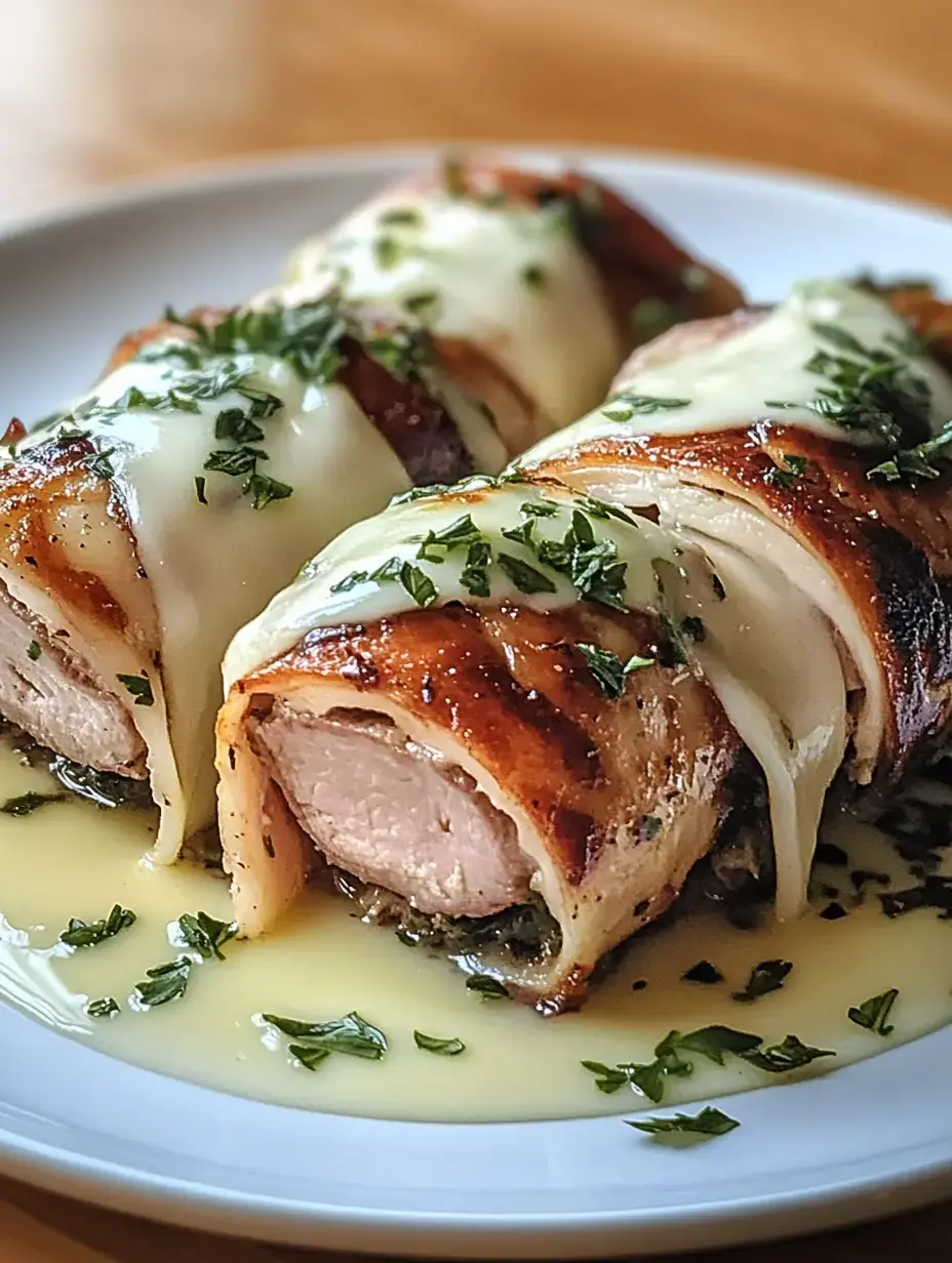L'image montre des filets de poulet enveloppés de lard avec du fromage fondu et des herbes fraîches sur une assiette blanche.