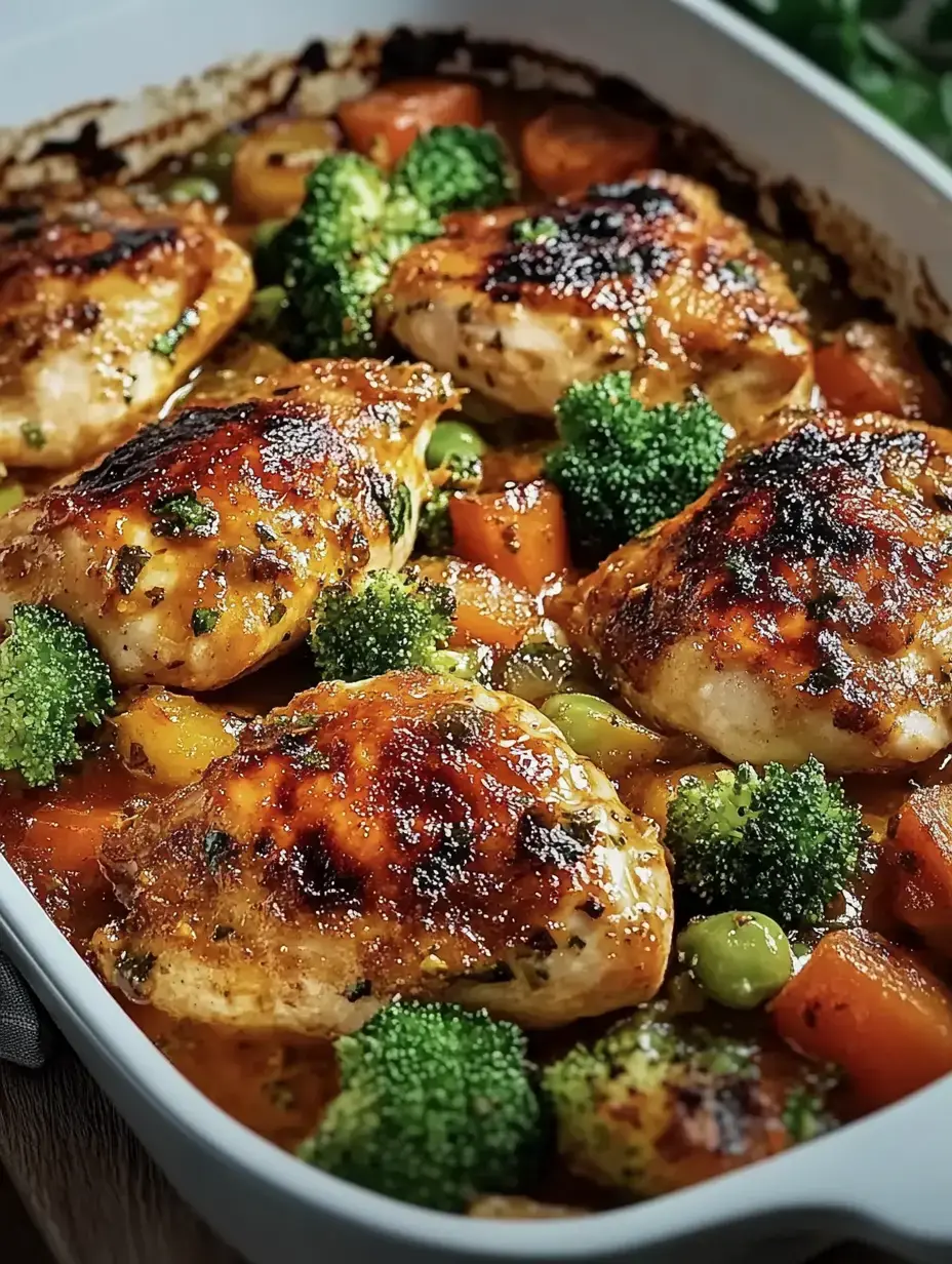 Un plat cuit sur une plaque avec du poulet tendre, du brocoli et des légumes colorés dans une sauce épicée.