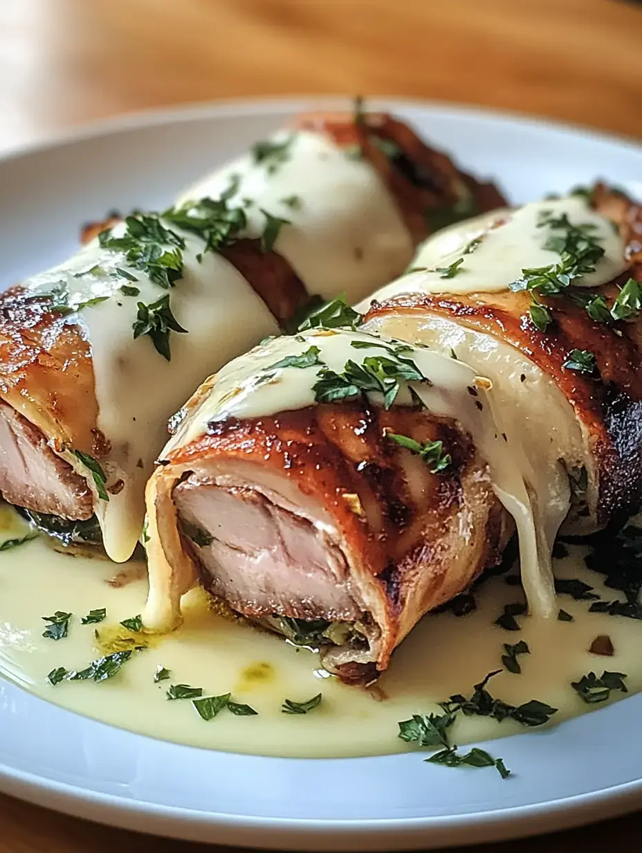L'image montre deux rouleaux de viande enveloppés de lard, recouverts de fromage et garnis d'herbes fraîches.
