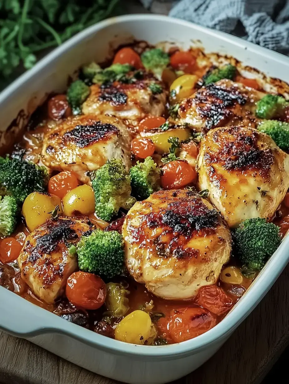 Un gratin avec du poulet rôti, des tomates cerises et du brocoli dans un plat à four clair.