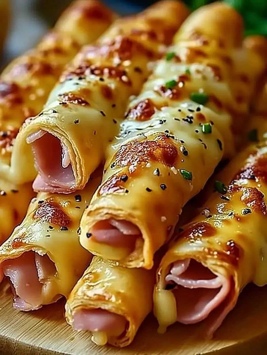 Morceaux de pâte roulés avec jambon et fromage fondu, décorés de graines noires et ciboulette.
