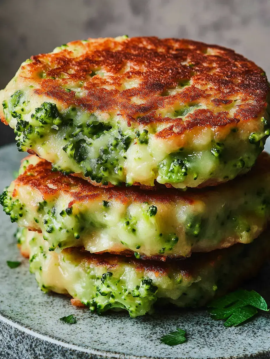 Trois galettes de brocoli dorées empilées sur une assiette grise.