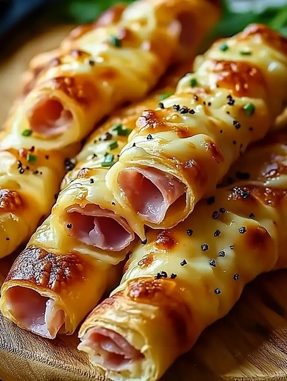 Une assiette garnie de rouleaux croustillants au fromage, farcis de jambon et garnis de verdure.