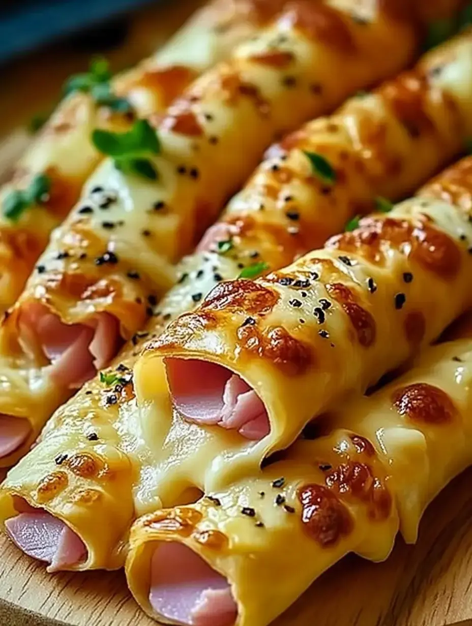 Savoureux rouleaux au fromage avec jambon, gratinés et présentés sur une planche en bois.