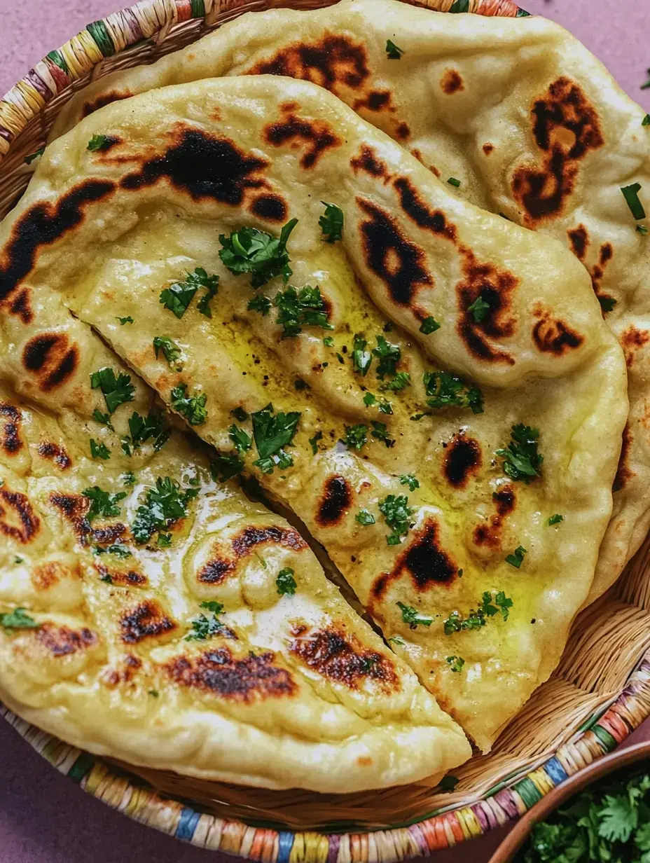 Un panier de naan fraîchement cuit, garni de coriandre fraîche et d'un peu d'huile.
